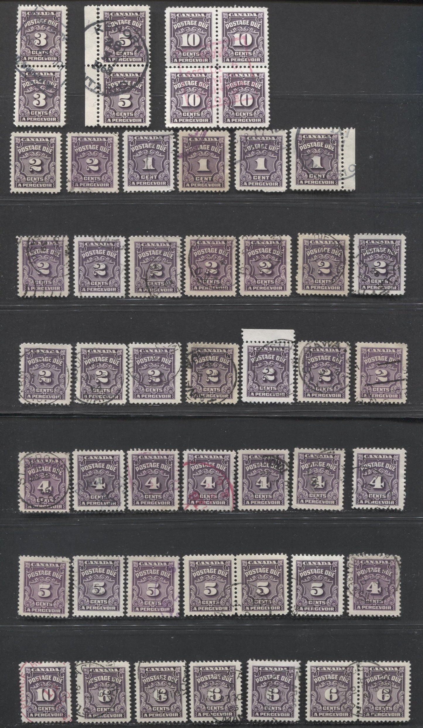 Lot 98 Canada #J15-J20 1c-10c Dark Violet, 1935-1965 Fourth Postage Due Issue, 49 Very Fine Used Singles, Pairs & Blocks With Various Shades & Papers, Some Potential Duplication In CDS Cancels