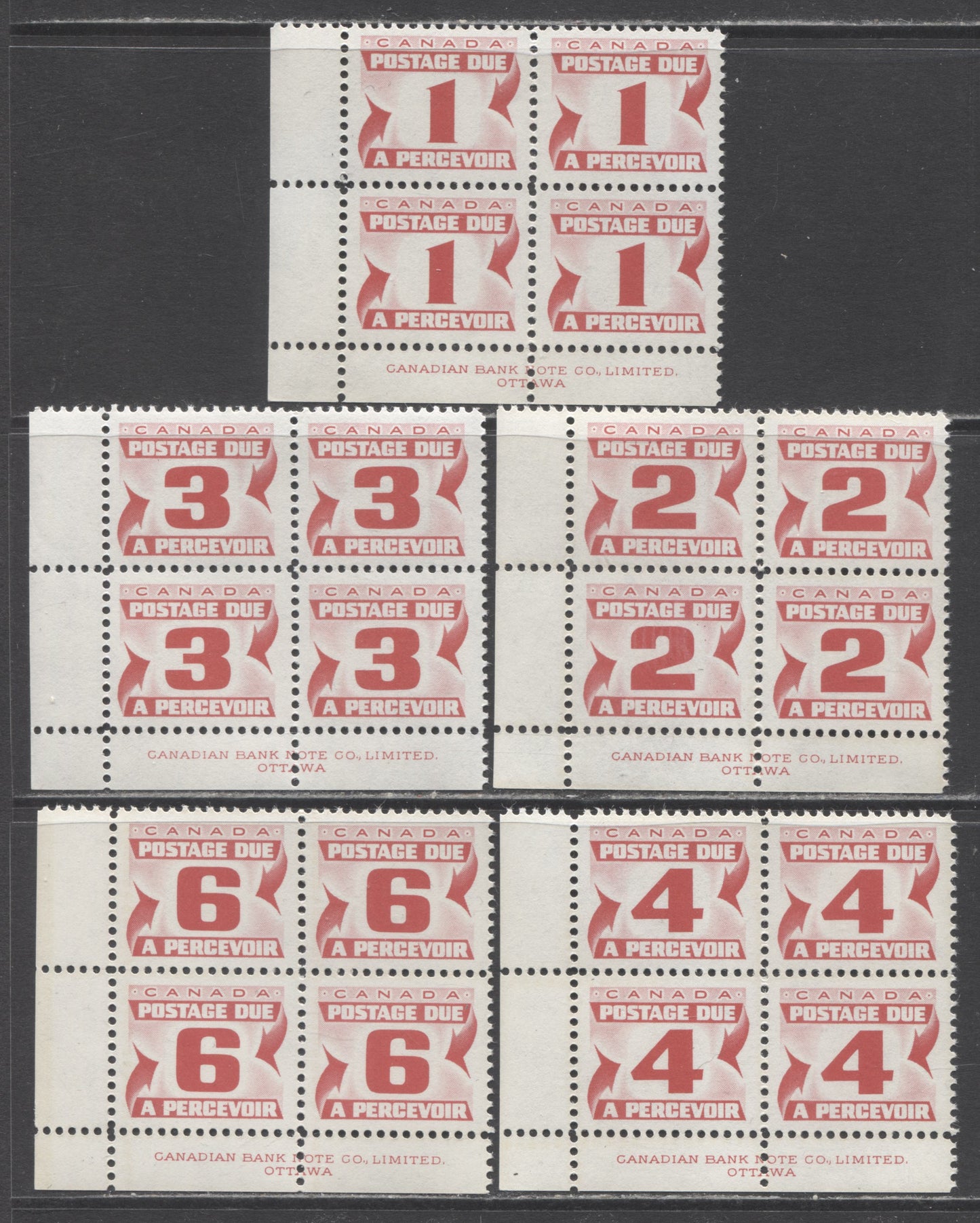 Lot 99 Canada #J21,J22i/J24i, J26i 1c/6c Carmine Rose, 1967 First Centennial Red Postage Due Issue, 5 VFNH LL Inscription Blocks Of 4 On NF Paper, Smooth Front & Light Horiz. Ribbing On Back, Smooth Dex Gum