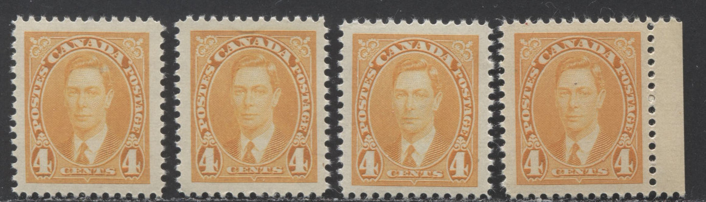 Lot 70 Canada #234 4c Bright Orange, 1937 Mufti Issue, 4 VFNH Singles Includes Different Paper & Gums