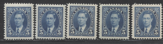 Lot 71 Canada #235 5c Blue, 1937 Mufti Issue, 5 VFNH Singles With Various Papers, Shades & Gums, Different From Previous (#106) Lot