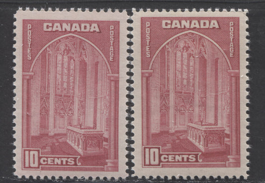 Canada #241a 10c Bright Carmine Rose (Dull Carmine Rose), 1938 Pictorial Issue, 2 VFNH Singles On Vertical Ribbed Papers With Deep Cream Gum