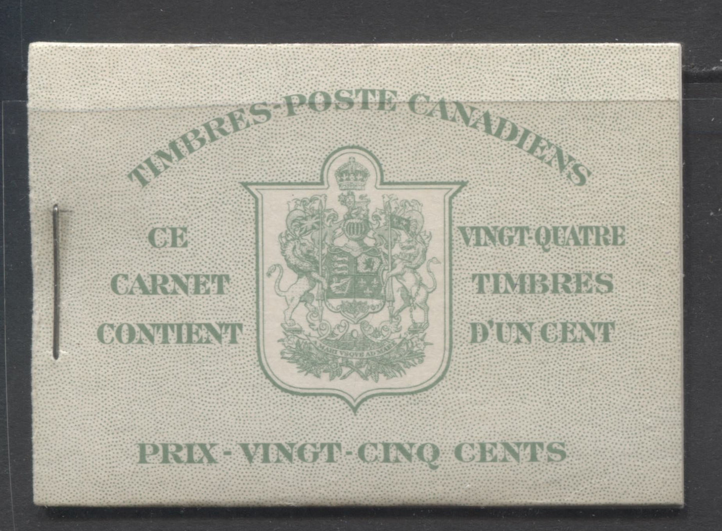 Canada #BK28bF 1937-1942 Mufti Issue, Complete 25c French Booklet, 4 Panes of 6 1c Green, No Rate Page, 17 mm Staple, Horizontal Ribbed Paper, Type 2 Covers, Harris Front Cover Type IIK, VF