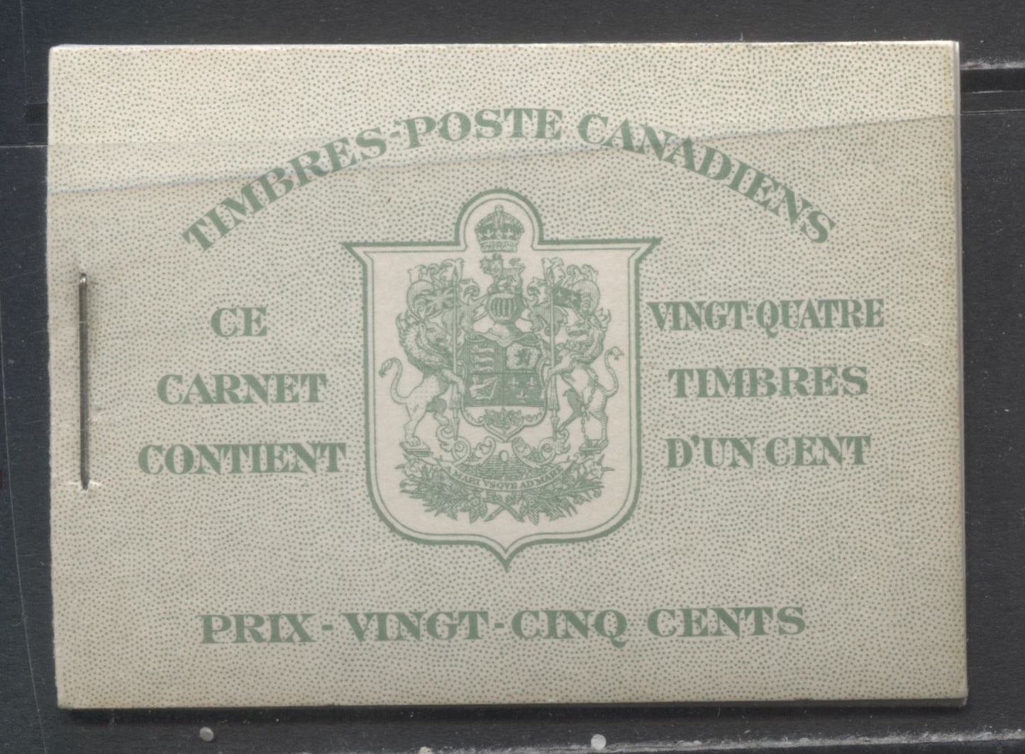Lot 16 Canada #BK28bF 1937-1942 Mufti Issue, Complete 25c French Booklet, 4 Panes of 6 1c Green, No Rate Page, 17 mm Staple, Horizontal Ribbed Paper, Type 2 Covers, Harris Front Cover Type IIK, F