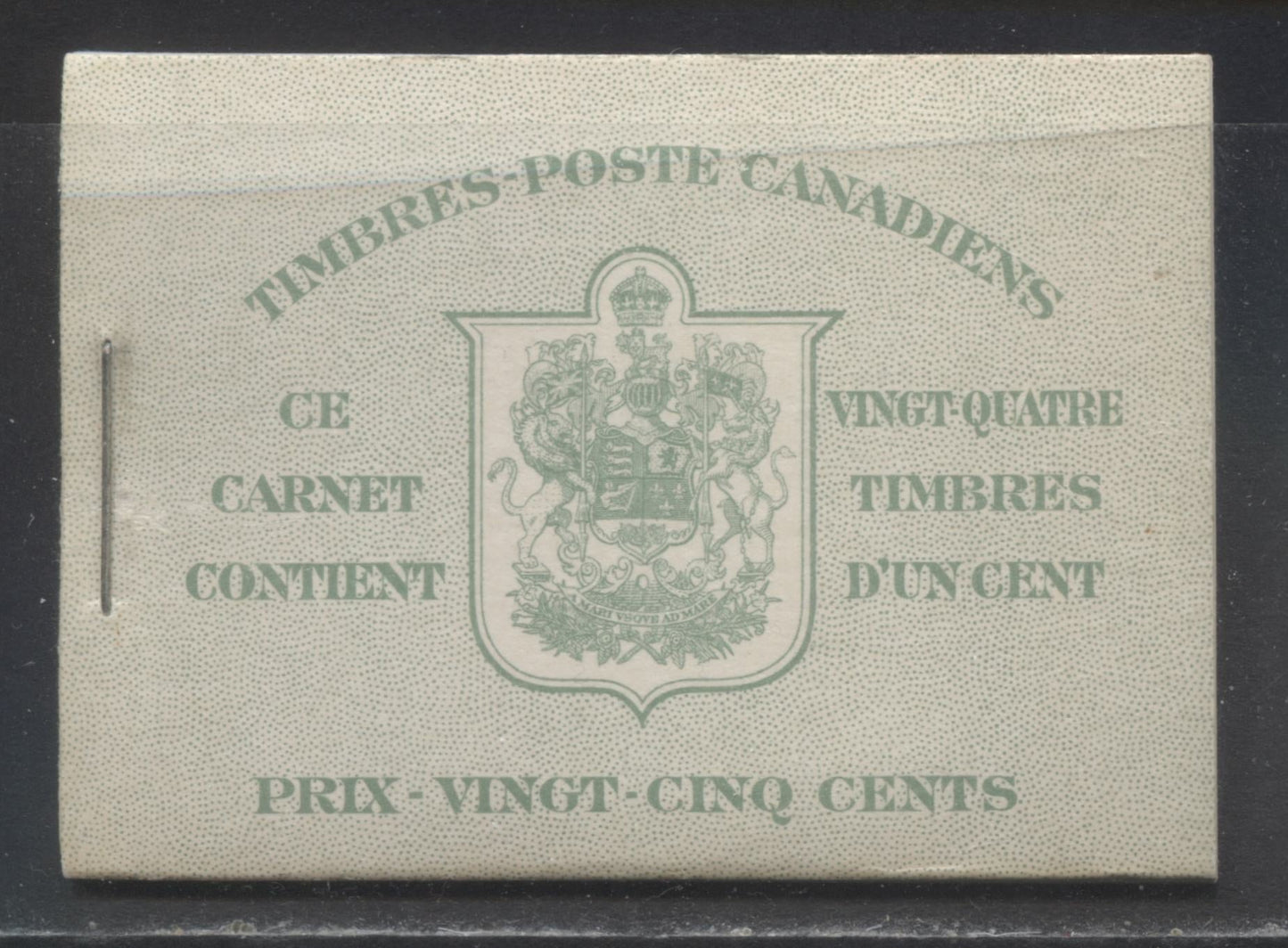 Lot 17 Canada #BK28bF 1937-1942 Mufti Issue, Complete 25c French Booklet, 4 Panes of 6 1c Green, No Rate Page, 17 mm Staple, Cutting Guideline UR Of Back Cover, Horizontal Ribbed Paper, Type 2 Covers, Harris Front Cover Type IIK
