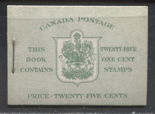 Canada #BK28cE 1937-1942 Mufti Issue, Complete 25c English Booklet, 4 Panes of 6 1c Green, 6c Rate Page, 17 mm Staple, Horizontal Ribbed Paper, Type 2 Covers, Harris Front Cover Type IIA