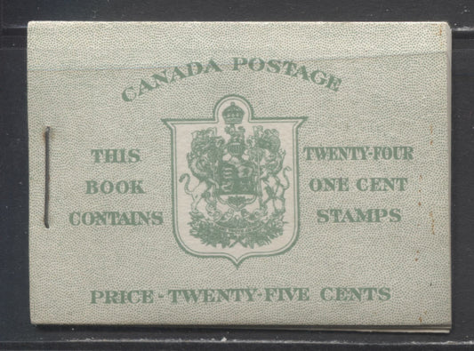 Canada #BK28cE 1937-1942 Mufti Issue, Complete 25c English Booklet, 4 Panes of 6 1c Green, 6c Rate Page, 17 mm Staple, Vertical Ribbed Paper, Type 2 Covers, Harris Front Cover Type IIB