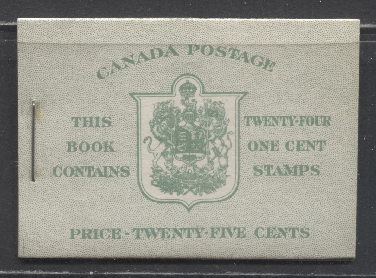 Lot 17 Canada #BK28cE 1937-1942 Mufti Issue, Complete 25c English Booklet, 4 Panes of 6 1c Green, 6c Rate Page, 17 mm Staple, Cutting Guideline LL Of Front Cover, Vertical Ribbed Paper, Type 2 Covers, Harris Front Cover Type IIB