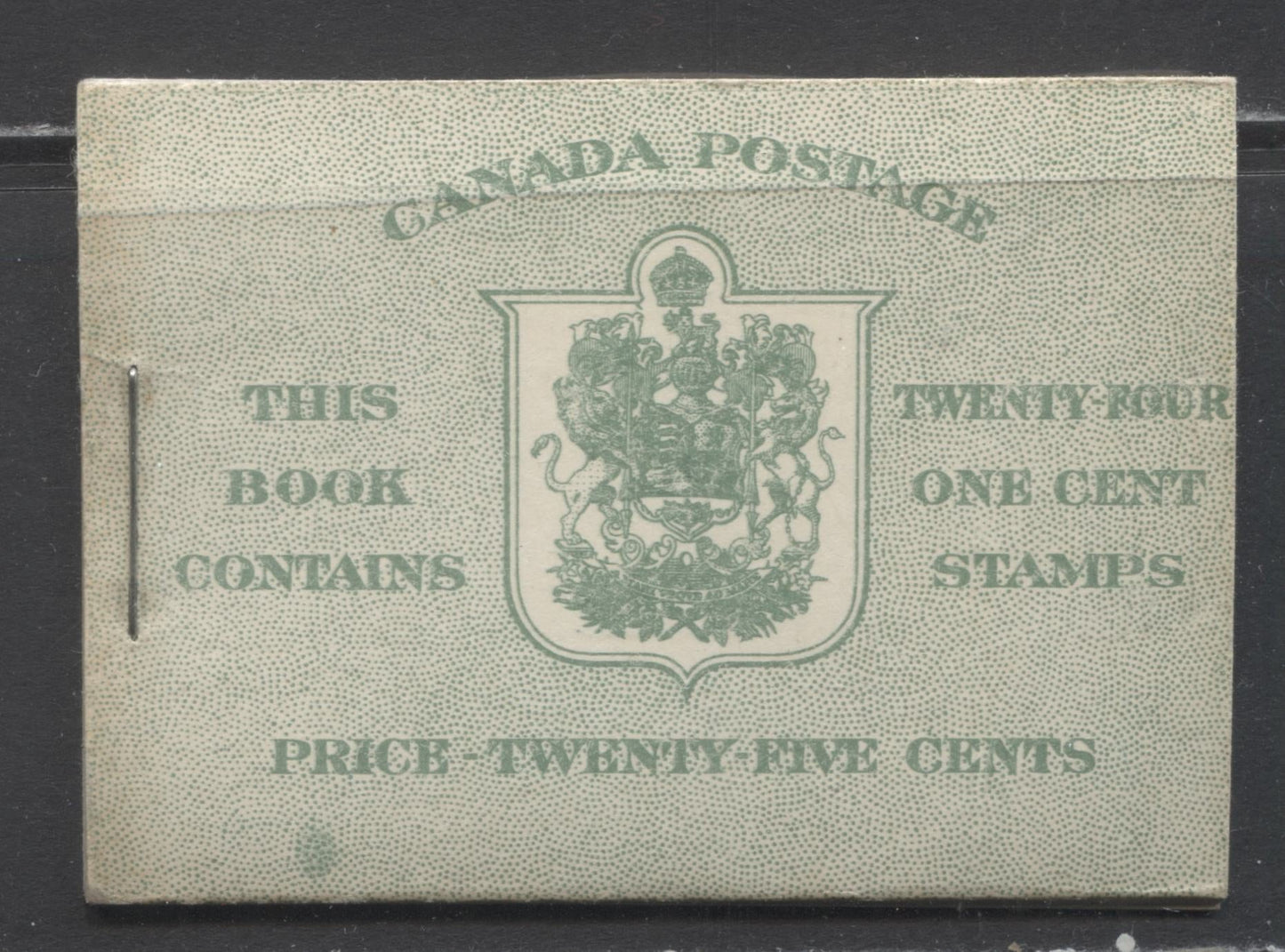 Canada #BK28eE 1937-1942 Mufti Issue, Complete 25c English Booklet, 4 Panes of 6 1c Green, No Rate Page, Dot Blemish On Front Cover, Cutting Guideline At Top Of Front Cover, Type 3 Covers, Harris Front Cover Type IIAa