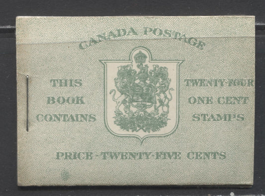 Canada #BK28eE 1937-1942 Mufti Issue, Complete 25c English Booklet, 4 Panes of 6 1c Green, No Rate Page, Dot Blemish On Front Cover, Cutting Guideline At Top Of Front Cover, Type 3 Covers, Harris Front Cover Type IIAa