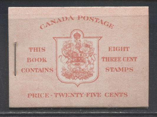 Canada #BK30cE 1937-1942 Mufti Issue, Complete 25c English Booklet, 2 Panes of 4 + 2 Labels of 3c Carmine, 6c Rate Page, Vertical Wove Paper, Type II, Front Cover Type IIf