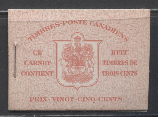 Canada #BK30cF 1937-1942 Mufti Issue, Complete 25c French Booklet, 2 Panes of 4 + 2 Labels of 3c Carmine, 6c Rate Page, Smooth Vertical Wove Paper, Type II, Front Cover Type IIn