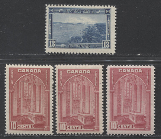 Canada #241-242 10c-13c Dark Carmine - Deep Blue, 1938 Pictorial Issue, 4 FNH Singles With Different Papers & Gums