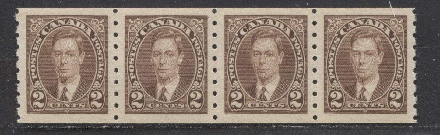 Lot 77 Canada #239 2c Brown King George VI, 1937 King George VI Coil Stamp Issue, A VFNH Strip Of 4 On Horizontal Wove Paper With Satin Sheen Cream Gum $45