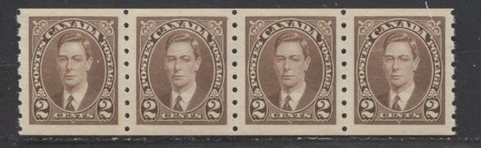 Lot 77 Canada #239 2c Brown King George VI, 1937 King George VI Coil Stamp Issue, A VFNH Strip Of 4 On Horizontal Wove Paper With Satin Sheen Cream Gum $45