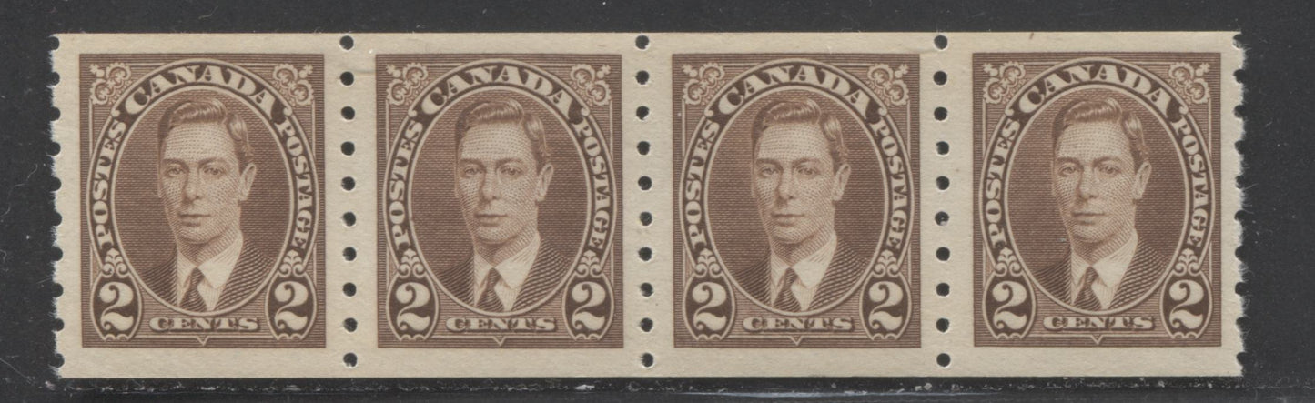 Lot 19 Canada #239 2c Brown King George VI, 1937 King George VI Coil Stamp Issue, A VFNH Strip Of 4 On Horizontal Wove Paper With Satin Sheen Cream Gum And Rotary Bar Perf $45