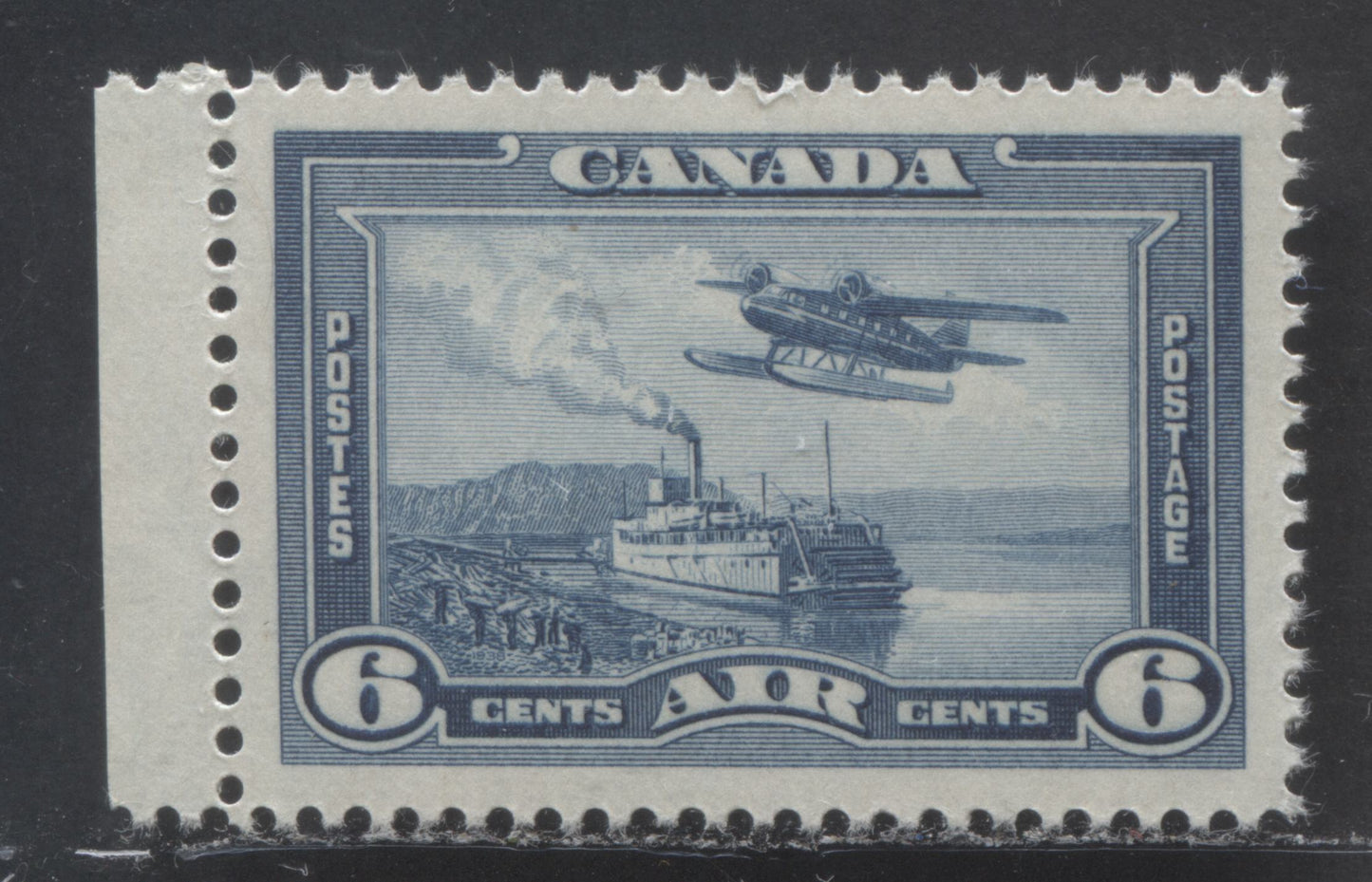 Canada #C6 6c Deep Steel Blue Monoplane, 1938 Air Mail Stamp Issue, A VFNH Single On Vertical Wove Paper With Semi Gloss Creamy White Gum $8.25