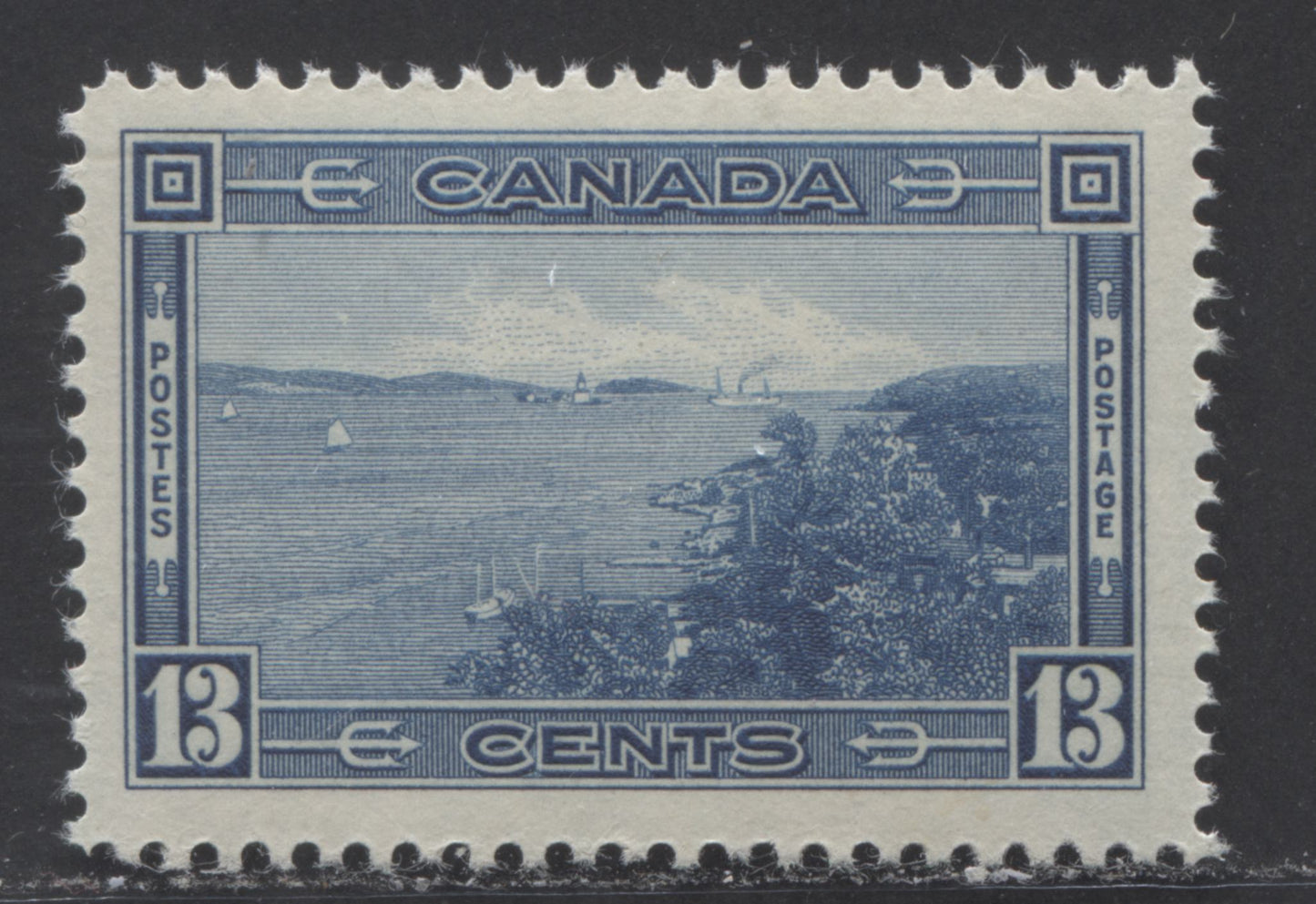 Canada #242 13c Blue, 1938 Pictorial Issue, A VFNH Single On Horizontal (Mesh) Paper With Mottled Yellowish Semi Gloss Gum