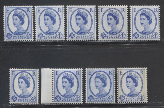 Lot 21 Great Britain SG#521/616a 4d Ultramarine & Deep Ultramarine 1952-1967 Wilding Issue, A Specialized Group of 9 VFNH Stamps, Being Most Listed Varieties, Plus Some Unlisted Ones, Estimated Value $27