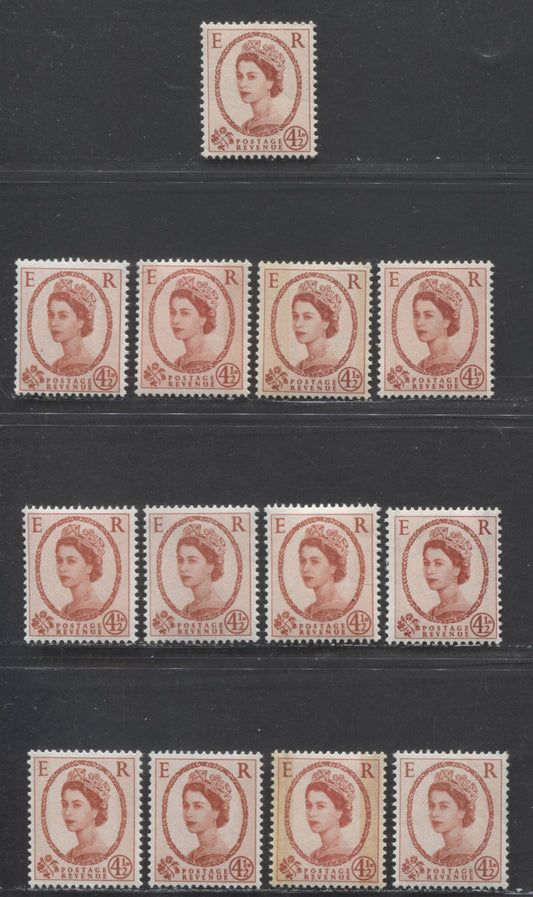 Great Britain SG#577/616b 4.5d Chestnut 1952-1967 Wilding Issue, A Specialized Group of 13 VFNH Stamps, Being Most Listed Varieties, Plus Some Unlisted Ones, Estimated Value $45