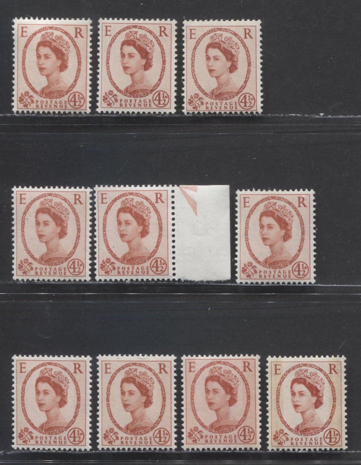 Lot 22 Great Britain SG#577/616b 4.5d Chestnut 1952-1967 Wilding Issue, A Specialized Group of 10 VFNH Stamps, Being Most Listed Varieties, Plus Some Unlisted Ones, Estimated Value $38