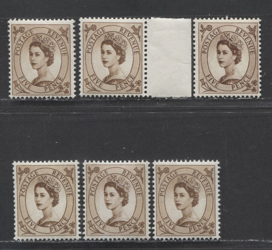 Lot 23 Great Britain SG#522/616c 5d Brown 1952-1967 Wilding Issue, A Specialized Group of 6 VFNH Stamps, Being Many Listed Varieties, Plus Some Unlisted Ones, Estimated Value $7