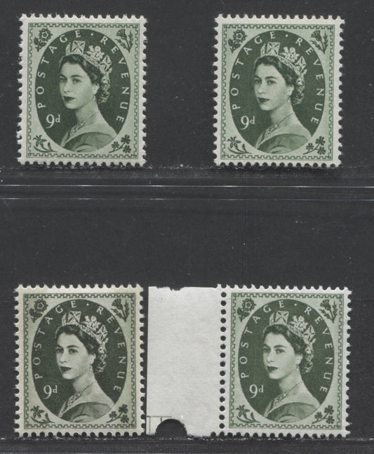 Lot 24 Great Britain SG#526/617c 9d Bronze Green 1952-1967 Wilding Issue, A Specialized Group of 4 VFNH Stamps, Being Several Listed Varieties, Plus Some Unlisted Ones, Estimated Value $28