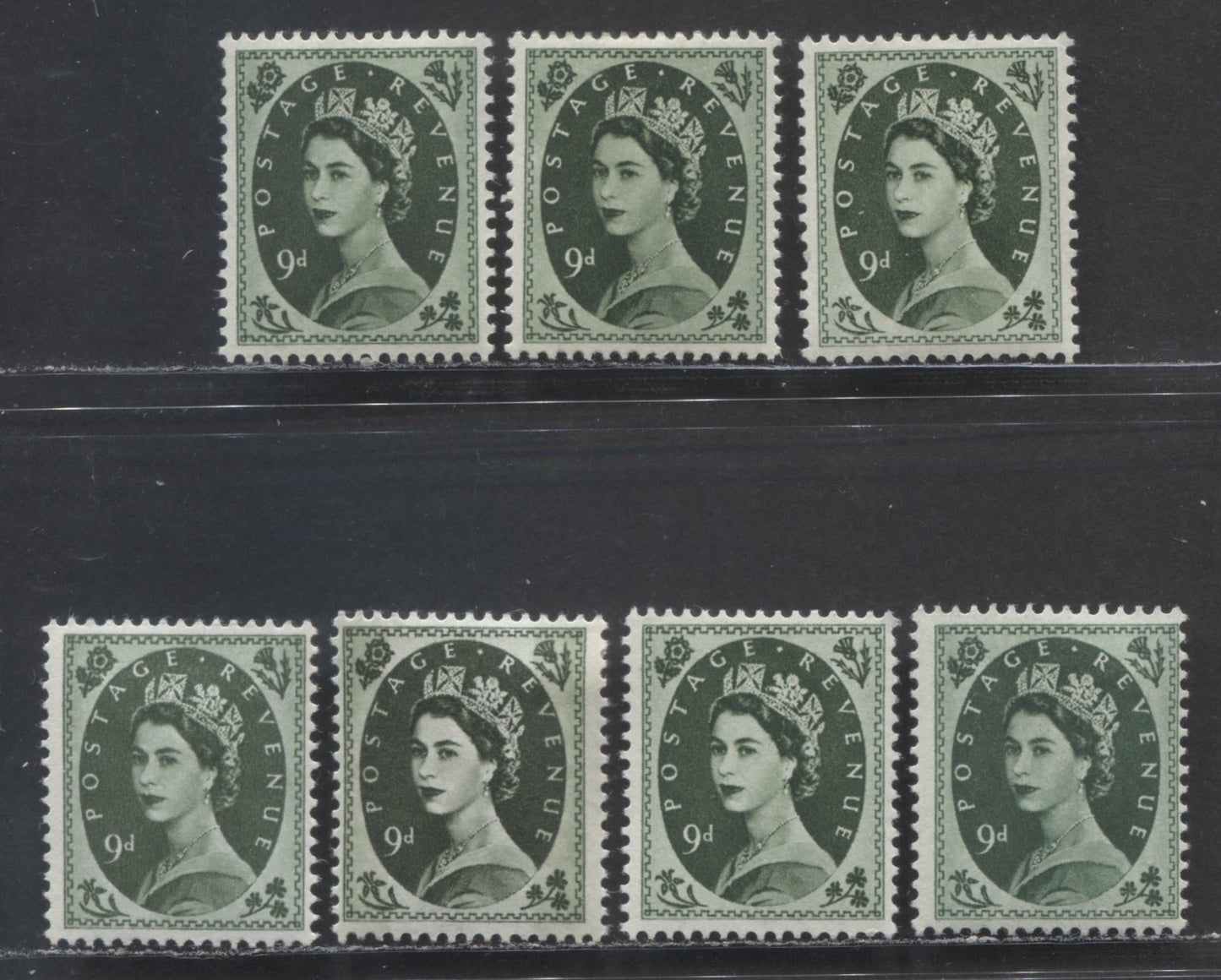 Great Britain SG#526/617c 9d Bronze Green 1952-1967 Wilding Issue, A Specialized Group of 7 Fine OG and VFOG Stamps, Including Two Shades Each of the Key Tudor and St. Edward's Crown Watermarks, Estimated Value $45