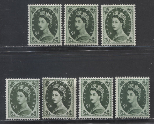 Great Britain SG#526/617c 9d Bronze Green 1952-1967 Wilding Issue, A Specialized Group of 7 Fine OG and VFOG Stamps, Including Two Shades Each of the Key Tudor and St. Edward's Crown Watermarks, Estimated Value $45
