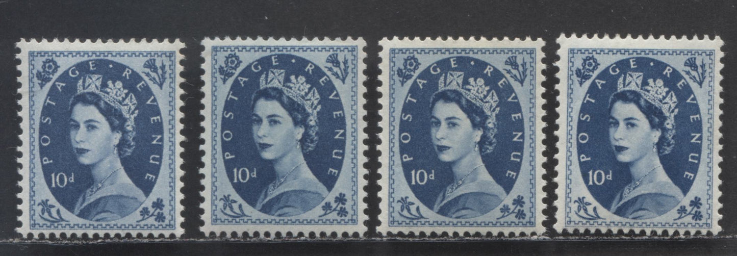 Lot 25 Great Britain SG#527/617d 10d Prussian Blue 1952-1967 Wilding Issue, A Specialized Group of 4 Fine OG and VFOG Stamps, Including Both the Key Tudor (2 Shades) and St. Edward's Crown Watermarks, Estimated Value $30
