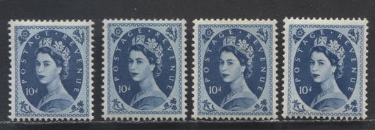 Lot 25 Great Britain SG#527/617d 10d Prussian Blue 1952-1967 Wilding Issue, A Specialized Group of 4 Fine OG and VFOG Stamps, Including Both the Key Tudor (2 Shades) and St. Edward's Crown Watermarks, Estimated Value $30