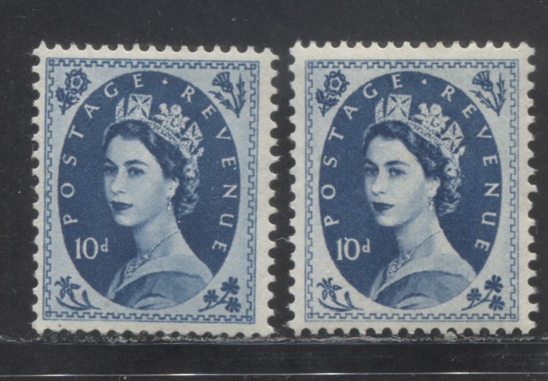 Lot 81 Great Britain SG#527 10d Prussian Blue 1952-1967 Wilding Issue, Two VFOG Examples of the Tudor Crown Watermark, Each a Different Shade, Estimated Value $18
