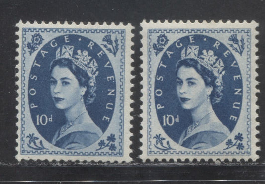 Lot 81 Great Britain SG#527 10d Prussian Blue 1952-1967 Wilding Issue, Two VFOG Examples of the Tudor Crown Watermark, Each a Different Shade, Estimated Value $18