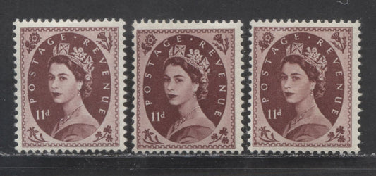 Lot 26 Great Britain SG#528, 553 11d Brown Purple 1952-1967 Wilding Issue, A Specialized Group of 3 Fine OG and VFOG Stamps, Being Both Listed Varieties, Plus Extra Shade Of The Key Tudor Crown Watermark, Estimated Value $25