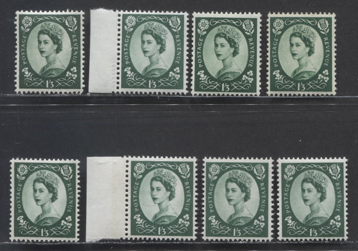Lot 27 Great Britain SG#530/618 1/3d Green 1952-1967 Wilding Issue, A Specialized Group of 8 Fine NH and VFNH Stamps, Being Most Listed Varieties, Plus Some Unlisted Ones, Estimated Value $13