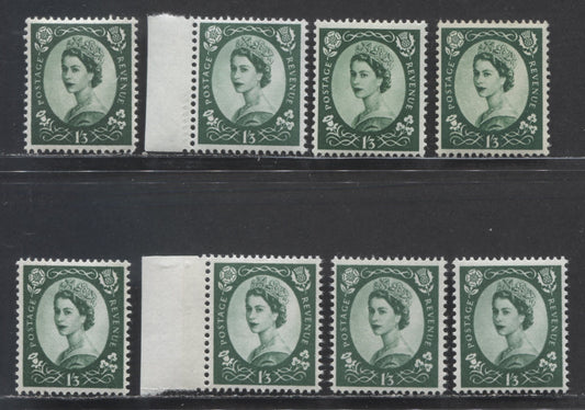 Lot 27 Great Britain SG#530/618 1/3d Green 1952-1967 Wilding Issue, A Specialized Group of 8 Fine NH and VFNH Stamps, Being Most Listed Varieties, Plus Some Unlisted Ones, Estimated Value $13