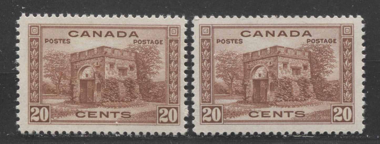 Lot 16 Canada #243 20c Pale Red Brown & Pale Brown Red, 1938 Pictorial Issue, 2 FNH Singles On Vertical Wove(Mesh) Papers With Crackly Cream Gum