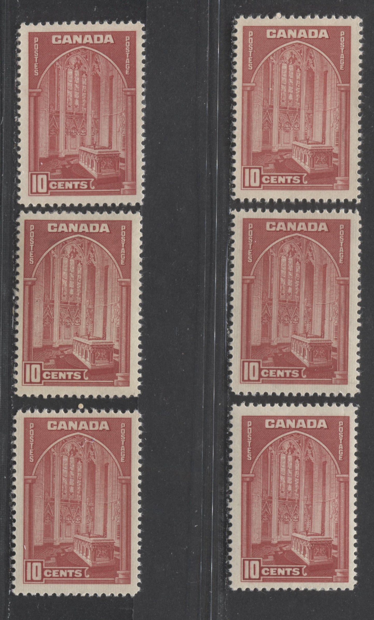 Lot 11 Canada #241 10c Deep Carmine, 1938 Pictorial Issue, 6 F/VFOG Singles A Specialized Group On Scarcer Paper/Gum Combinations