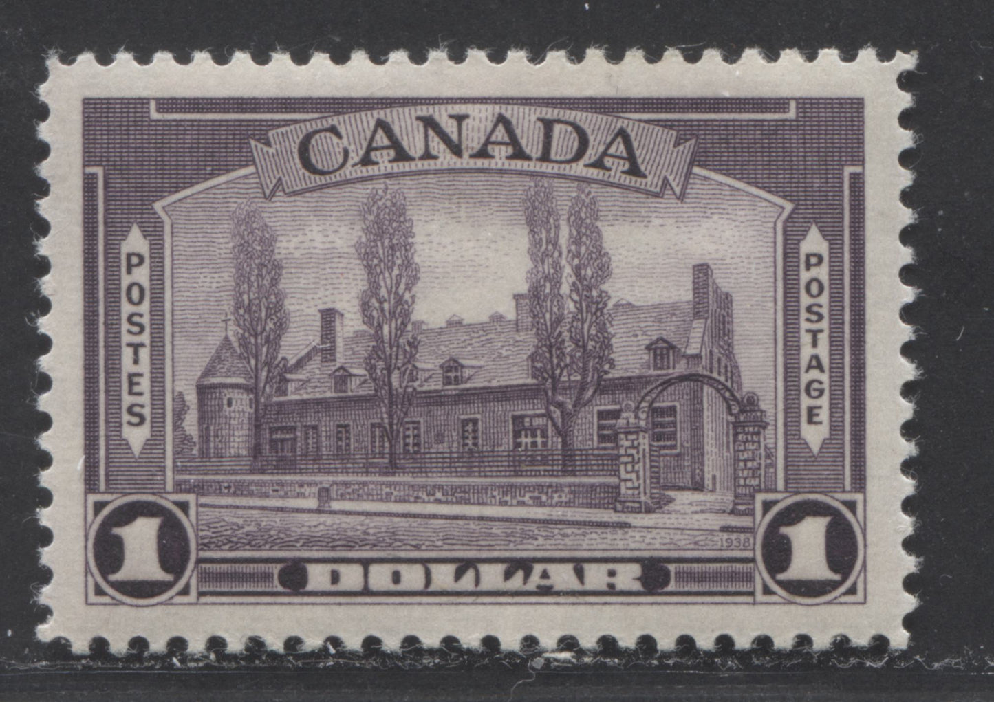 Lot 68 Canada #245 $1 Dull Reddish Violet, 1938 Pictorial Issue, A VFOG Single On Horizontal Ribbed Paper With Yellowish Satin Gum, 2 Lines At UR, Unlisted Arc Between NA Of 'Canada'