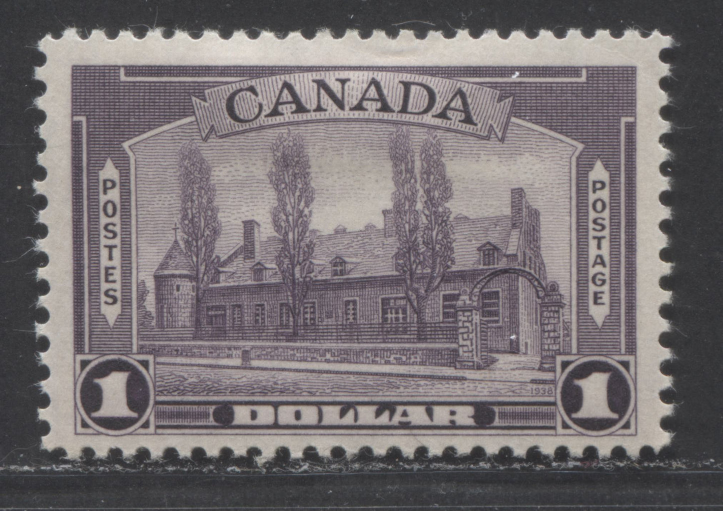 Lot 69 Canada #245 $1 Dull Reddish Violet, 1938 Pictorial Issue, A VFOG Single On Horizontal Mesh Paper With Yellowish Cream Satin Gum, 2 Lines At UR (Type 2)