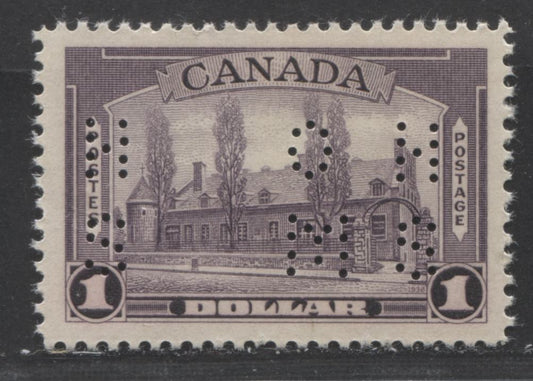 Lot 81 Canada #O9-245 $1 Pale Dull Reddish Aniline Violet, 1938 Pictorial Perfin Issue, A VFNH Single On Soft Vertical Wove Paper With Crackly Cream Gum, 4 Hole OHMS, Type 2