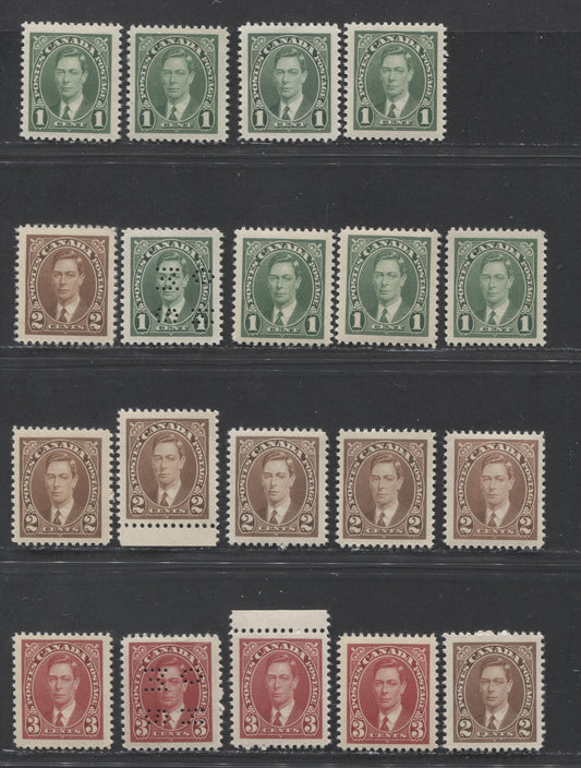 Lot 369 Canada #231-233, O9-231 - O9-233 1c-3c Green-Carmine, 1937 Mufti Issue, 19 VFNH Singles A Specialized Lot On Different Papers & Gums