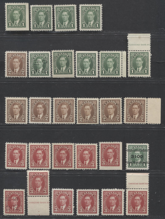 Lot 86 Canada #231-233, 231xx, 231-233as, O9-231, O9-233 1c-3c Green-Carmine, 1937 Mufti Issue, 28 VFNH Singles Includes Different Paper & Gum Variations Than Lot #85