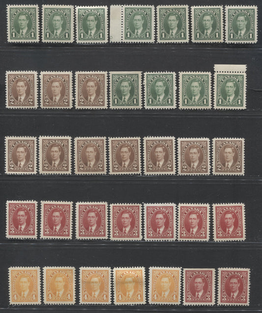 Lot 87 Canada #231-236 1c-8c Green-Orange, 1937 Mufti Issue, 49 VFOG Singles Printed In Different Shades, Papers & Gums