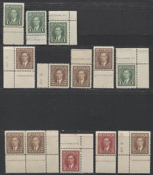 Lot 88 Canada #231-233 1c-3c Green-Carmine, 1937 Mufti Issue, 12 F/VF NH & OG Plate Singles With Different Papers & Gums