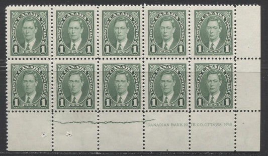 Lot 90 Canada #231 1c Green, 1937 Mufti Issue, A FNH LR Cracked Plate Block Of 10 On Vertical Wove With Clear Mesh, Semi Glossy Cream Gum