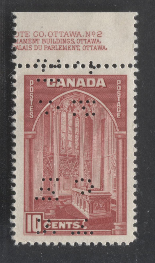 Lot 9 Canada #O9-241 10c Deep Carmine, 1938 Pictorial Perfin Issue, A FNH Single On Horizontal Wove Paper With Crackly Cream Gum & Fluorescent Ink, Damaged OHMS Perfin 4 Hole Position F, Unlisted