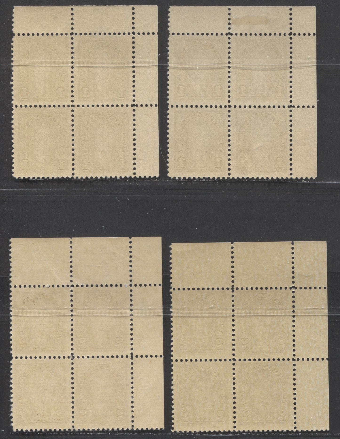 Lot 91 Canada #231-232 1c-2c Green-Brown, 1937 Mufti Issue, 4 FNH/OG UL Plate Blocks Of 4 On Different Papers & Gums