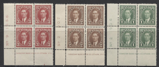 Lot 92 Canada #231-233 1c-3c Green-Carmine, 1937 Mufti Issue, 3 F/VFNH/OH LL Plate Blocks Of 4 On Different Papers & Gums