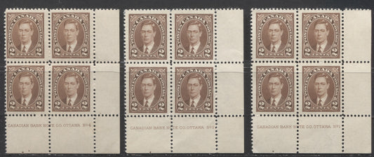 Lot 93 Canada #232 2c Brown, 1937 Mufti Issue, 3 F/VFNH LR Plate Blocks Of 4 On Different Papers & Gums