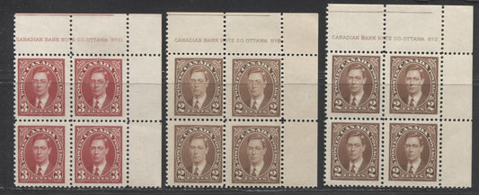 Lot 95 Canada #232-233 2c-3c Brown-Carmine, 1937 Mufti Issue, 3 FNH UL Plate Blocks Of 4 On Different Papers & Gums